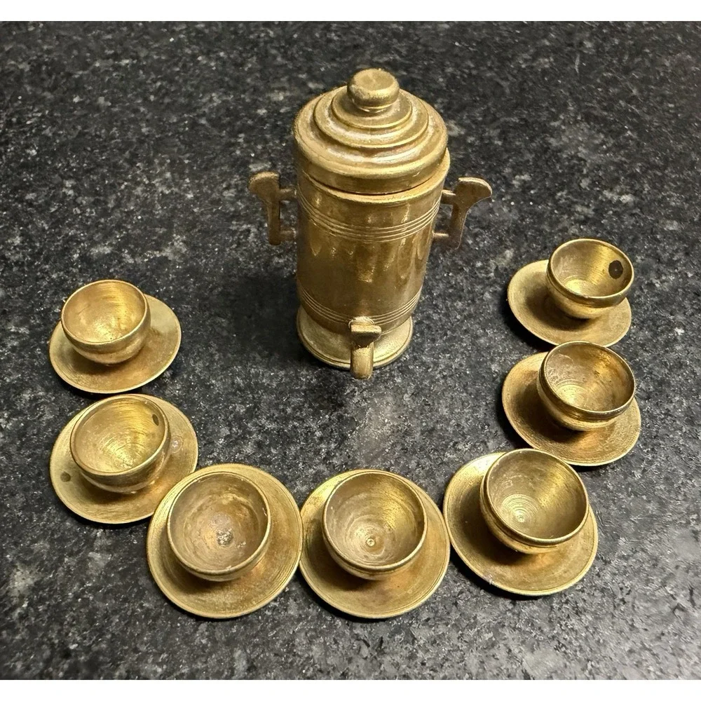 Vtg Clare-Bell Brass Works CB BW USA Miniature Brass Tea / Beverage Set – 15 Pc